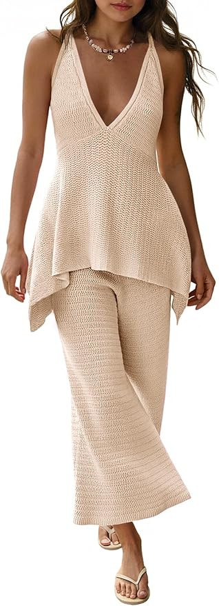 Tankaneo Womens 2 Piece Knit Sets Summer Vacation Outfits Deep V Neck Flowy Tank Tops Wide Leg Pa... | Amazon (US)