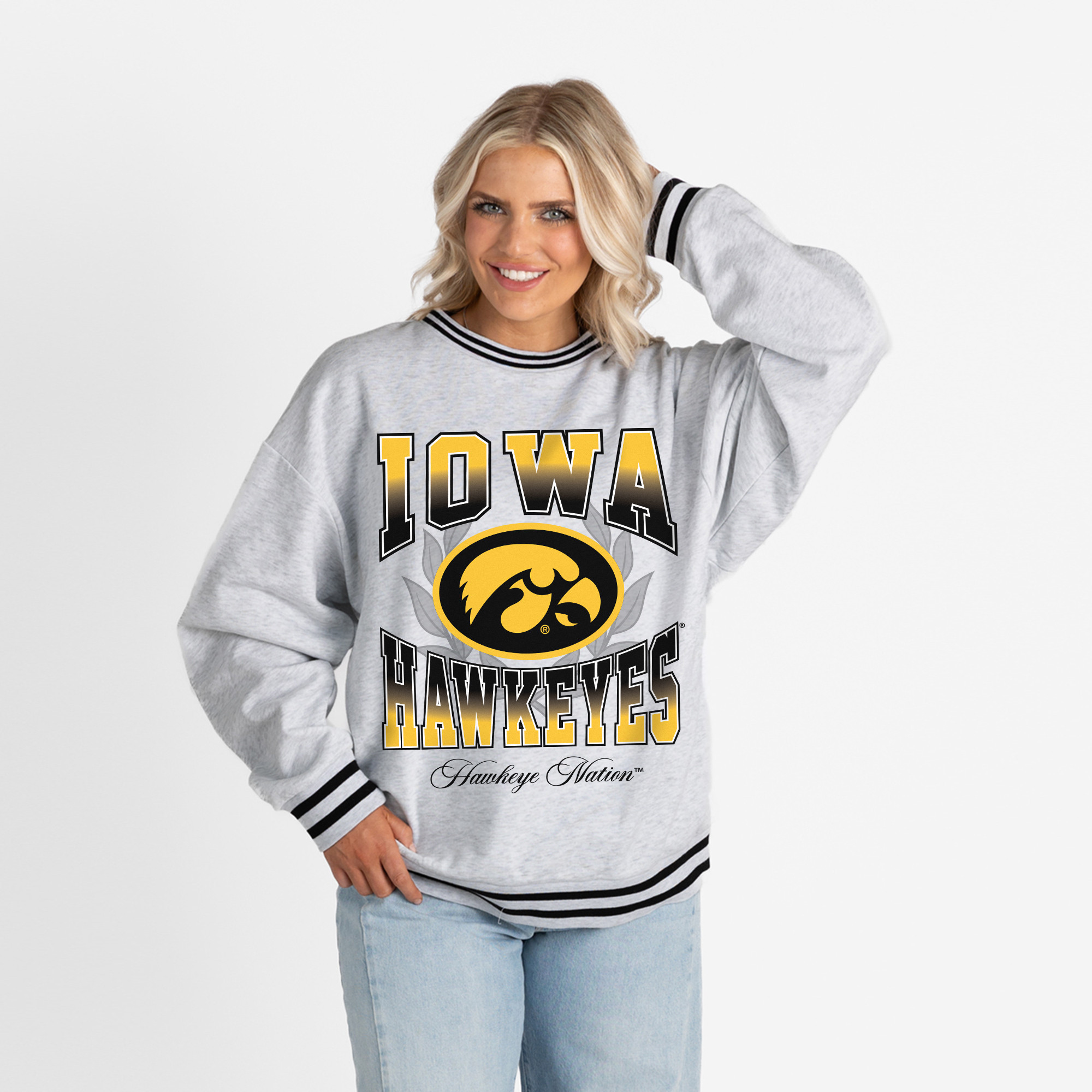 Women's Gameday Couture Ash Iowa Hawkeyes Oversized Fade Route Ringer Stripe Sweatshirt | Fanatics