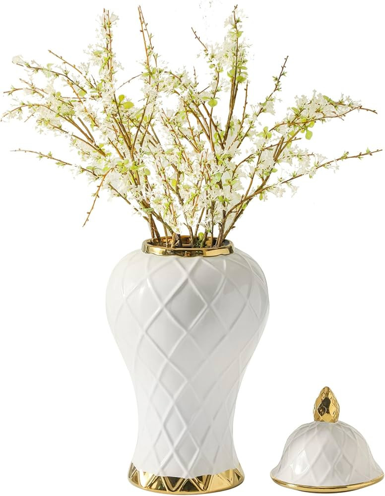 Ginger Jars for Home Decor, White and Gold Vase, Decorative Ceramic Ginger jar with lid, Porcelai... | Amazon (US)
