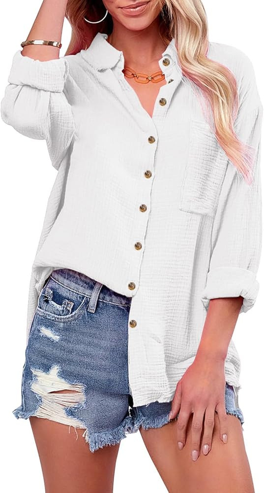 siliteelon Womens Button Down Shirts Cotton Long Sleeve Oversized Boyfriend Blouses Collared Dres... | Amazon (US)