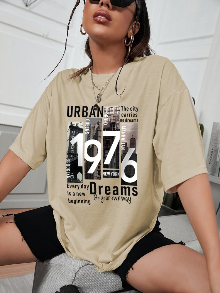 Building & Slogan Print Drop Shoulder Tee | SHEIN