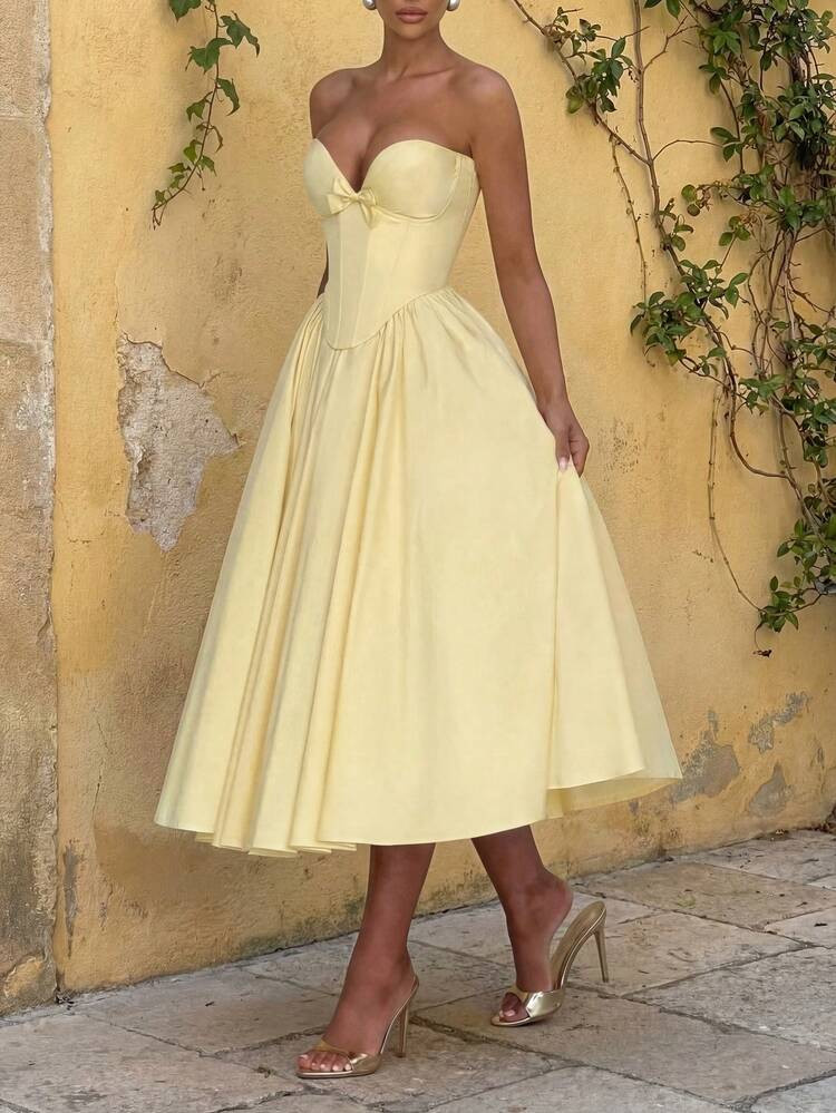 Glamful Yellow Elegant V-Neck Bow Tie Decor Strapless Backless Fitted Princess Style Elegant Dresses For Women | SHEIN