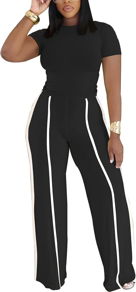 Ulovmi Women's Two Piece Outfit Slim Fit Top Wide Leg Pants Striped Tracksuit Loungewear Casual O... | Amazon (US)