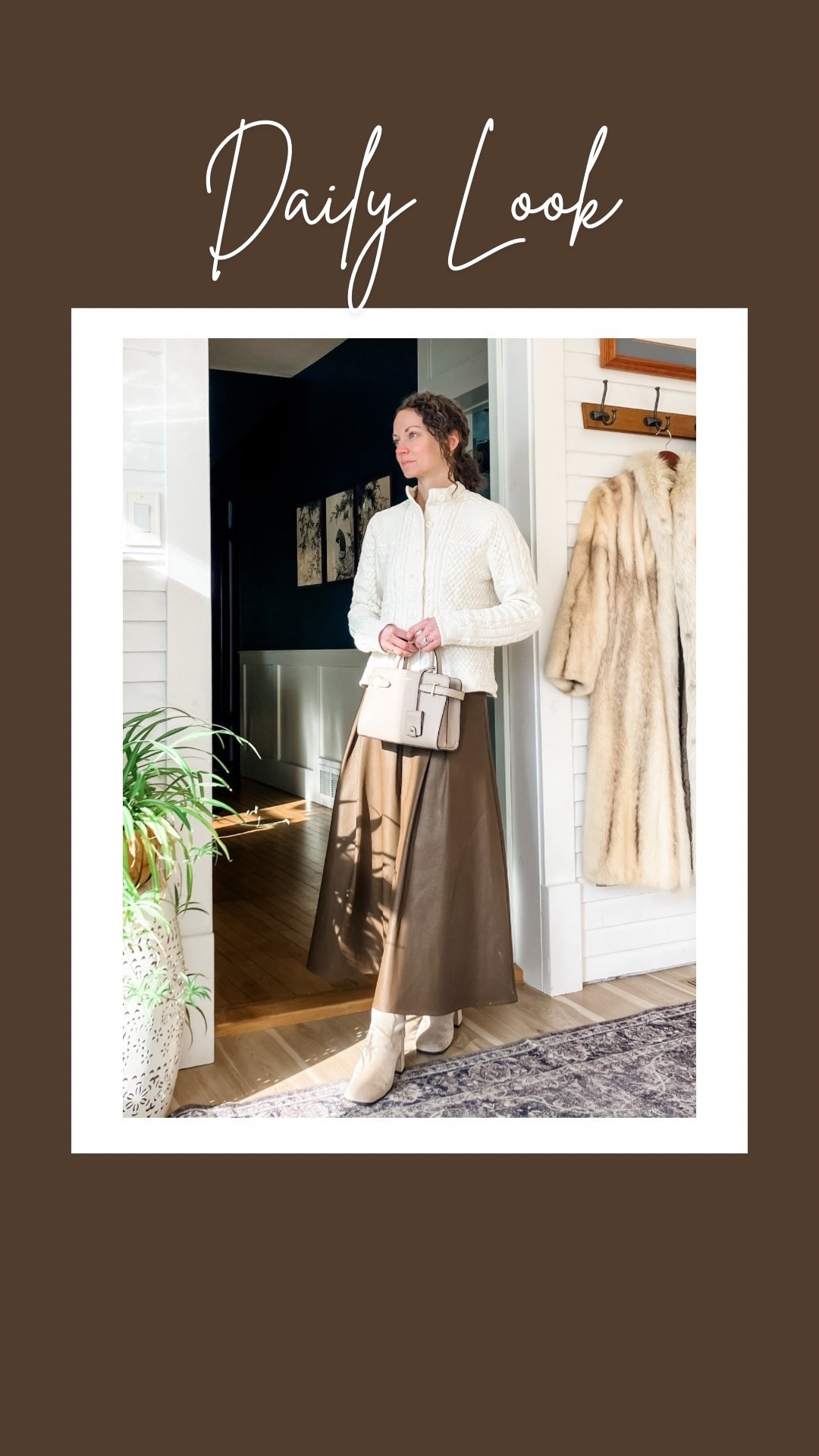 A cotton cable knit sweater, faux leather skirt and boots for winter!
Cream cotton cable knit sweater from L.L.Bean (linking similar, mine is old). 
Brown faux leather skirt from Chicwish. 
Neutral leather handbag from Le Tanneur. 
Cream suede boots from Jeffrey Campbell (linking similar, mine are old). 
Gold and white topaz earring from Peachmind. 
Petite outfit. Classic outfit. Modest outfit. Winter outfit. Neutral outfit  

#LTKmomlife #LTKootd #LTKOver40