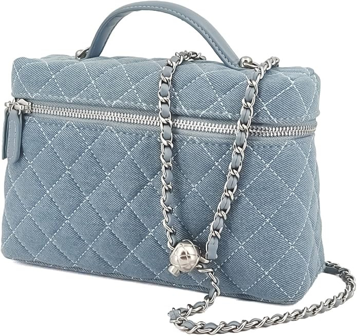 Small Quilted Denim Top-Handle Pouch Purse for Women, Designer Slim Vanity Case, Crossbody Bag wi... | Amazon (US)
