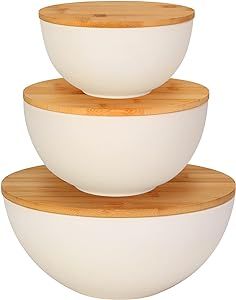 ShineMe Salad Bowl with Lid, Natural Bamboo Fiber Serving Bowls Set of 3 with Utensils & Lids, Mi... | Amazon (US)