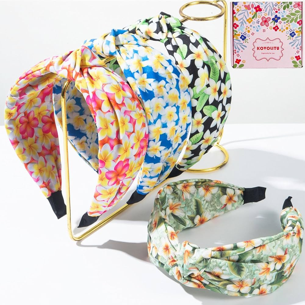 4 Pack Hawaiian Plumeria Flower Printed Headbands for Women Knotted Headbands Fashion Hair Bands-... | Amazon (US)