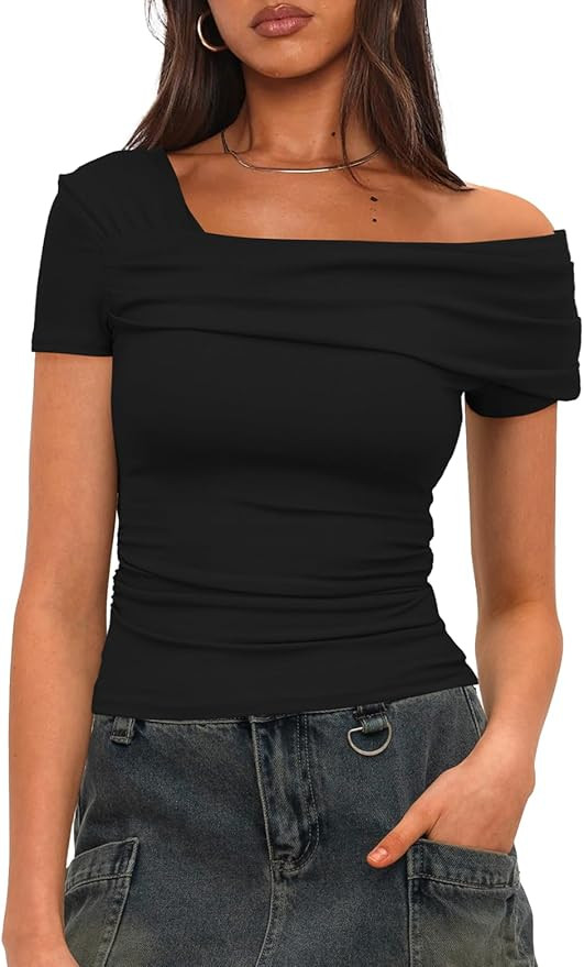 Darong Women's Summer One Off Shoulder Short Sleeve Top Ruched Going Out Tops Slim Fit Y2K Shirt | Amazon (US)