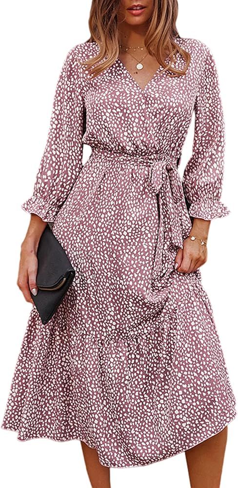 SHIBEVER Women's Dress Floral Printed Button Up Long Sleeve Midi Dress V Neck Tie Front Flowy Fall D | Amazon (US)