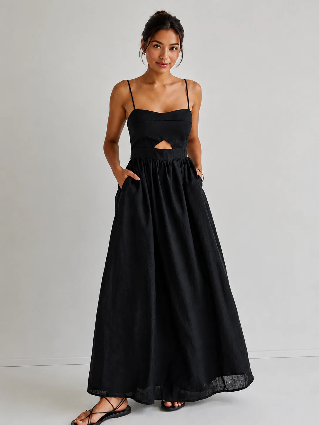 Cotton Sleeveless Pockets Cutout Long Dress | Commense