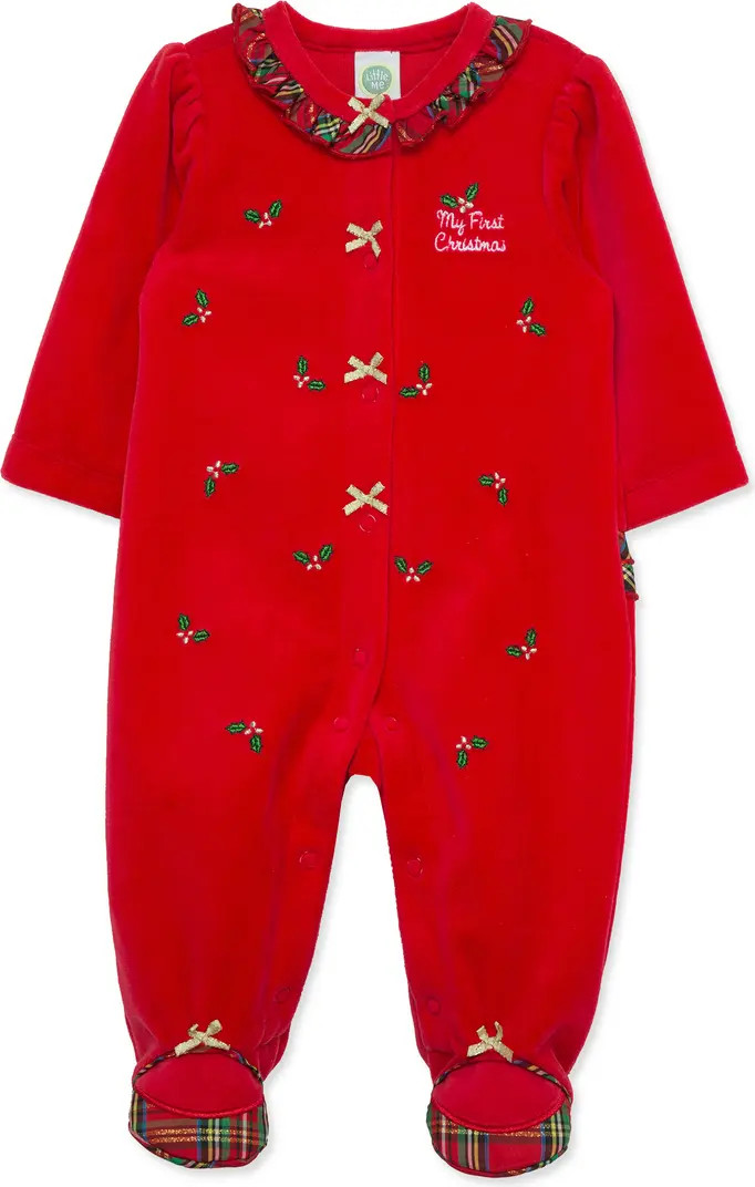 Holly Embroidered Plaid Trim Cotton Blend Velour Footie | Nordstrom