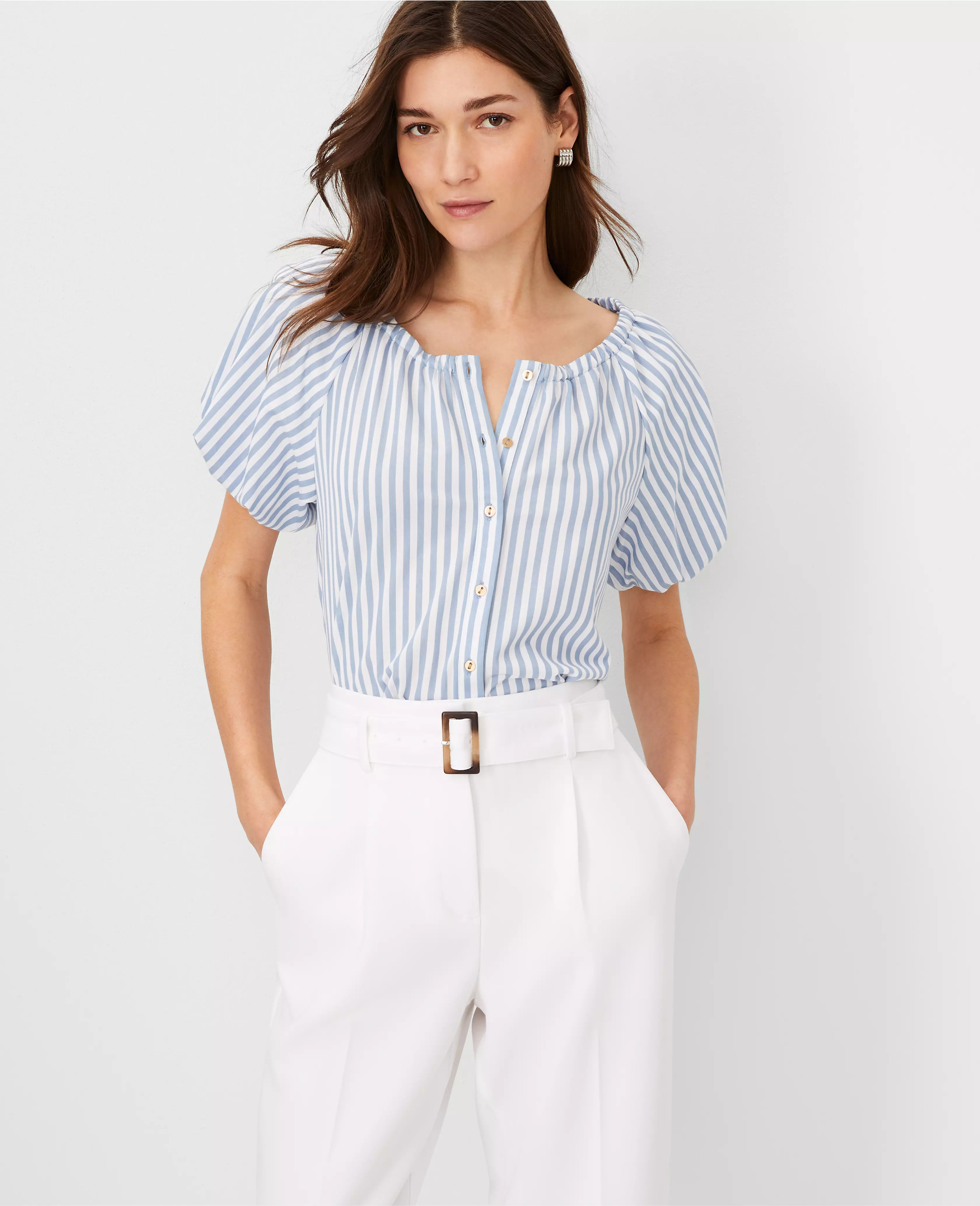 Petite Striped Bubble Sleeve Button Top | Ann Taylor (US)