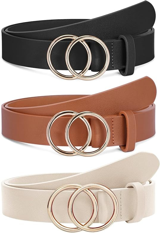 XZQTIVE 3 Pack Women's Leather Belts For Jeans Dresses Pants Fashion Ladies Waist Belt with Gold ... | Amazon (US)