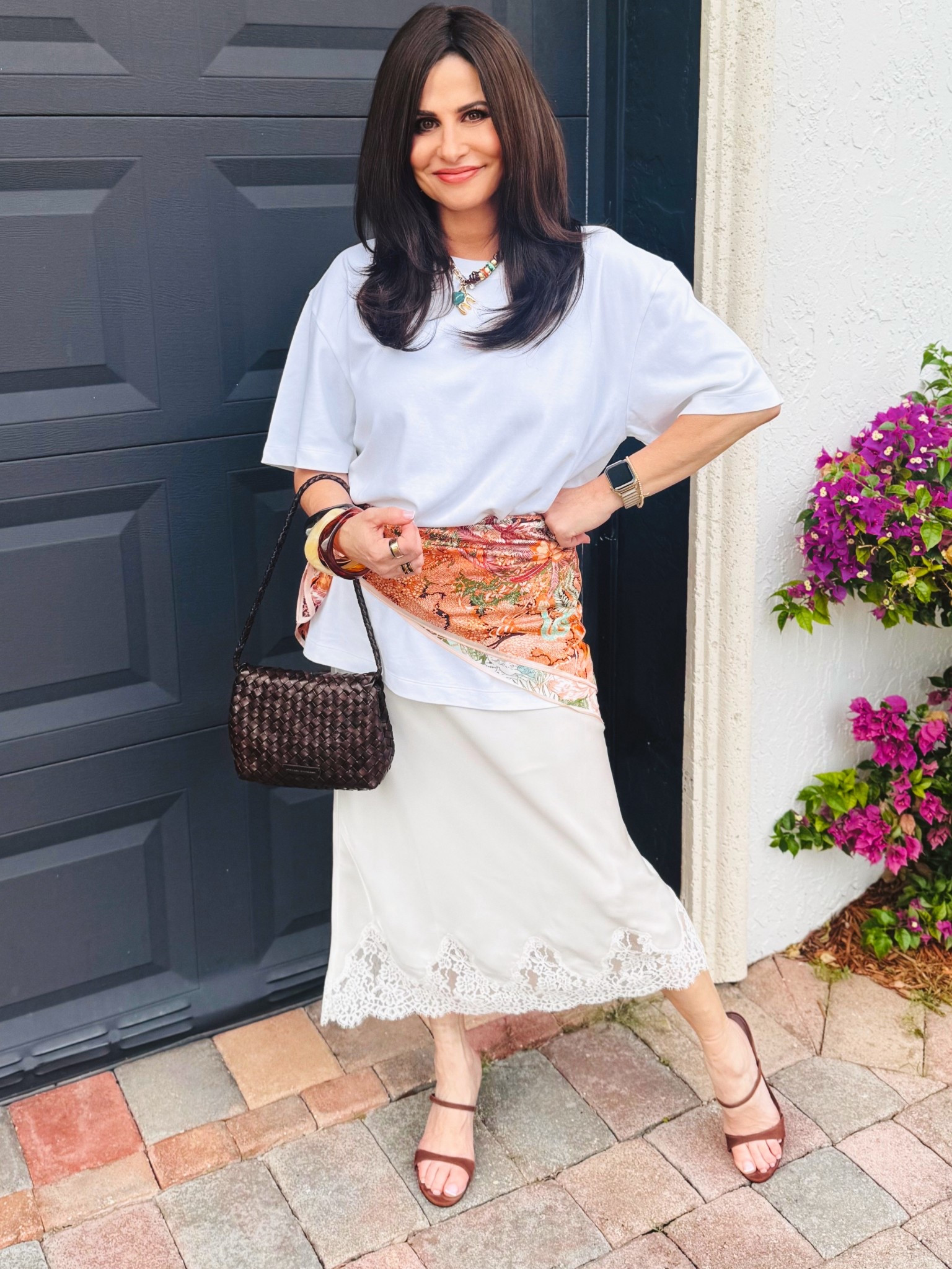 This look is a mix of different items but makes a nice look for dinner , coffee date . The out can be dressed up or down . Skirt XS , tee i sized up med , heels TTS , scarf is one size . #howtowearascarf 

#LTKootd #LTKOver40 #LTKPetite