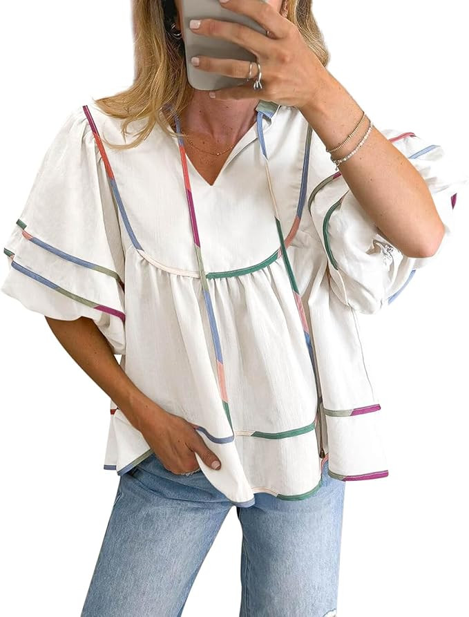 Cicy Bell Womens Summer Babydoll Tops V Neck Short Lantern Sleeve Shirts Cute Loose Fit Peplum Fl... | Amazon (US)