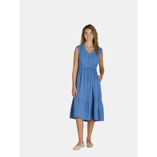 Time and Tru Women's Sleeveless Cotton Double Cloth Dress, Sizes XS-XXXL - Walmart.com | Walmart (US)