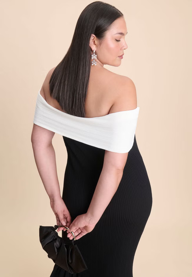 Contrast Bow Fluted Midi Dress | Eloquii