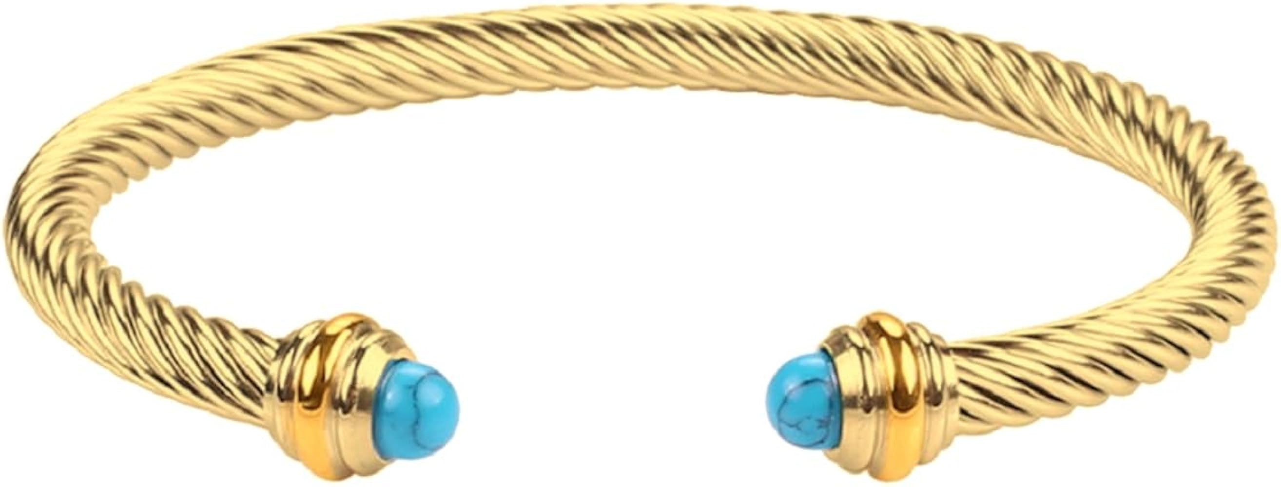 14K Gold Plated Adjustable Twist Stainless Steel Cable Wire Turquoise Charm Bracelets Friendship ... | Amazon (US)