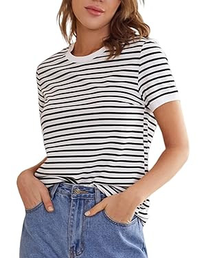 Floerns Women's Casual Striped Crew Neck Short Sleeve T Shirts Tee Tops | Amazon (US)