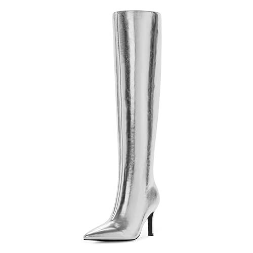 Easyfox Silver Boots for Women Knee High Boots Pointed Toe Long Silver Boots Stiletto High Heel Tall Silver Boots for Women Side Zipper Size 6.5 | Amazon (US)
