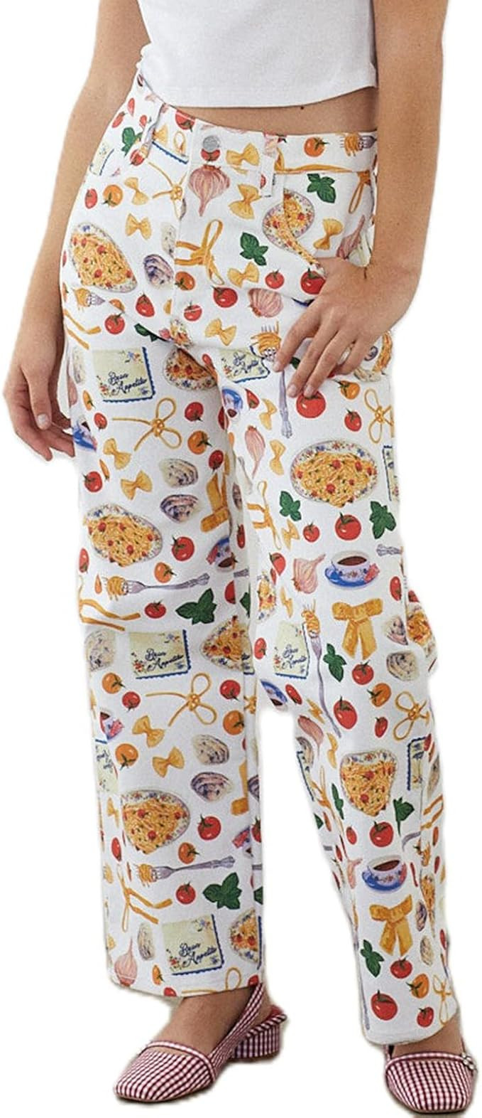 Muineobuka Women Y2k Fruit Print Jeans Graphic Print High Neck Straight Leg Denim Pants Aesthetic... | Amazon (US)