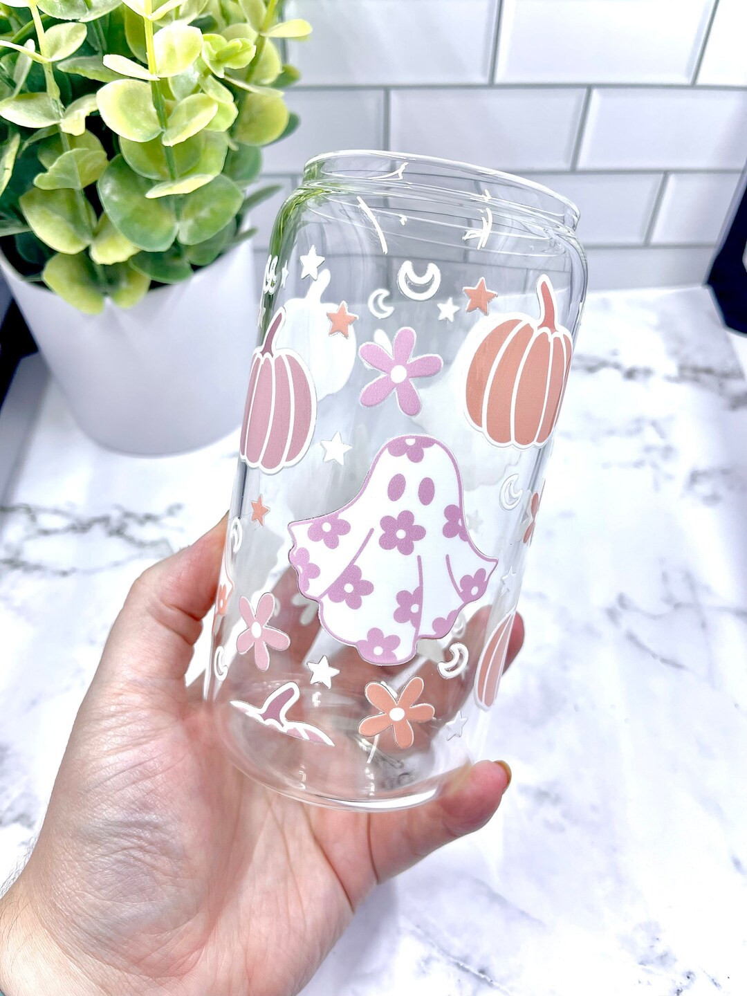 16oz Glass Can Floral Ghost Retro Flowers Halloween Glass - Etsy | Etsy (US)