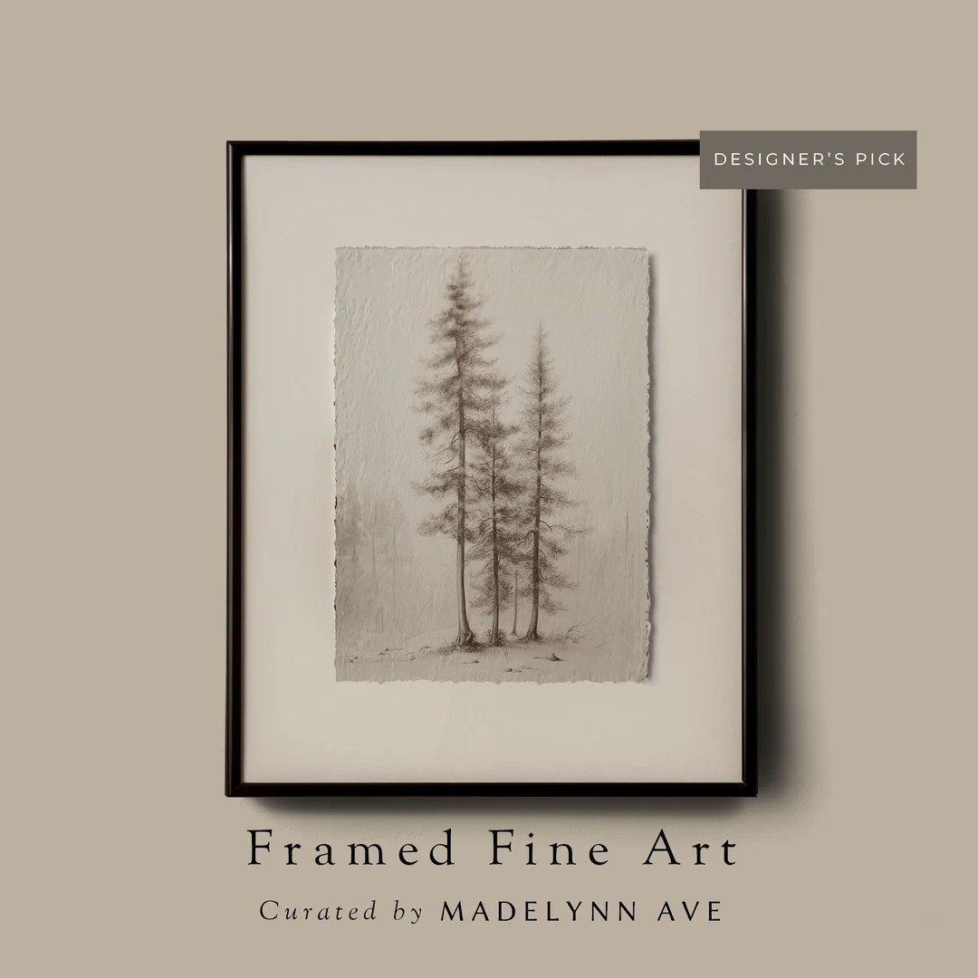 Framed Modern Pine Tree Art Print, Wall Art Pines Sketch, Rustic Peaceful Artwork, Forest Drawing... | Etsy (US)