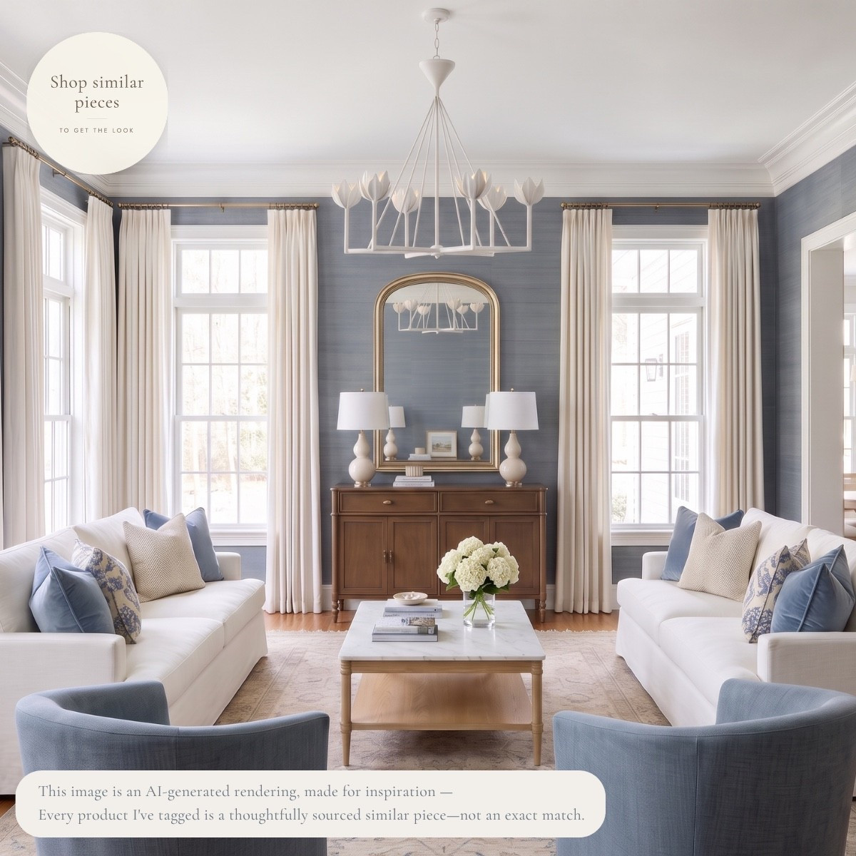 Soft blue walls, creamy upholstery, warm wood, and plenty of natural light. 🤍

I love the symmetry of the two white sofas paired with blue accent chairs, while the warm wood sideboard and brass details keep all of the cooler tones from feeling too formal. The marble coffee table and tailored drapery add a polished layer, and that sculptural chandelier finishes the room beautifully.

I’ve tagged thoughtfully sourced similar pieces to help recreate the look.

AI-generated design concept for inspiration • Tagged products are thoughtfully sourced similar pieces, not exact matches • Affiliate links may be used. As an Amazon Associate, I earn from qualifying purchases.

#LTKHome