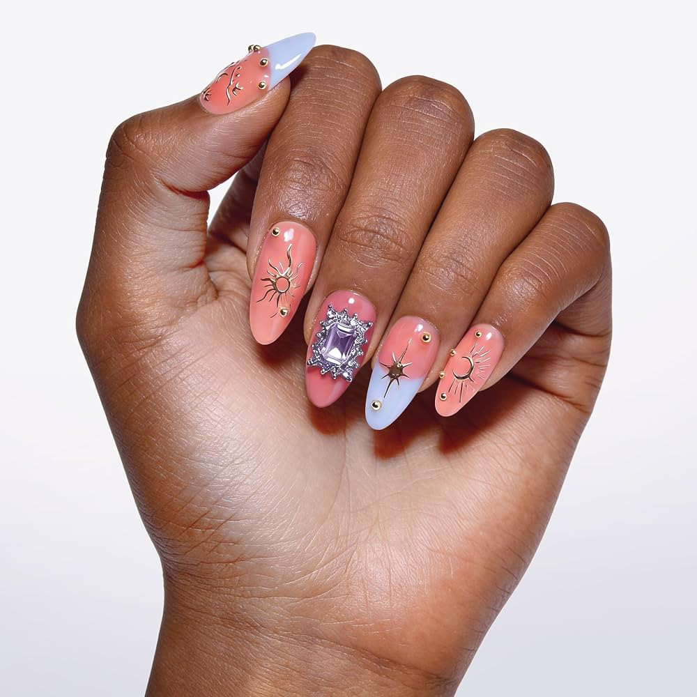 24Pcs Handmade Press on Nails, 3D Coral Pink Fake Nails with Medium Length Almond, Cute Blue Fren... | Amazon (US)