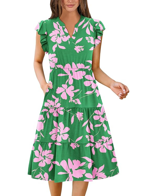 Zeagoo Womens Summer Casual Dresses Ruffle Sleeve V Neck Midi Dress Flowy Tiered Dress with Pocke... | Amazon (US)