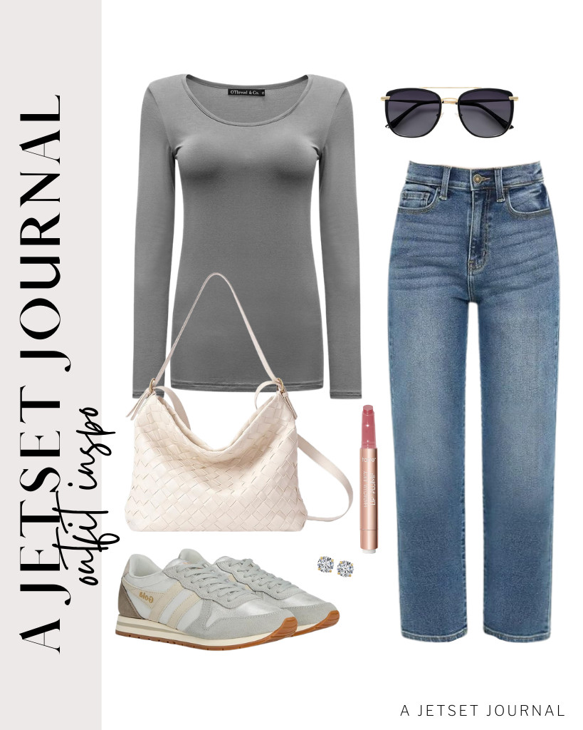 This gray OThread & Co. long-sleeve top and KDF straight-leg jeans combination is our next outfit. These Gola Daytona Blaze sneakers and a YONGLEE ARTEE woven handbag are perfect for this look. Don’t forget these stud earrings and aviator sunnies! 

 #LTKSeasonal #LTKSaleAlert #LTKTravel