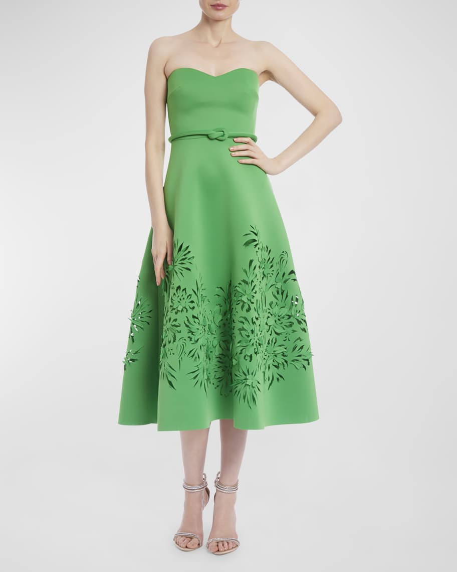 Badgley Mischka Collection Strapless Cutout A-Line Midi Dress | Neiman Marcus