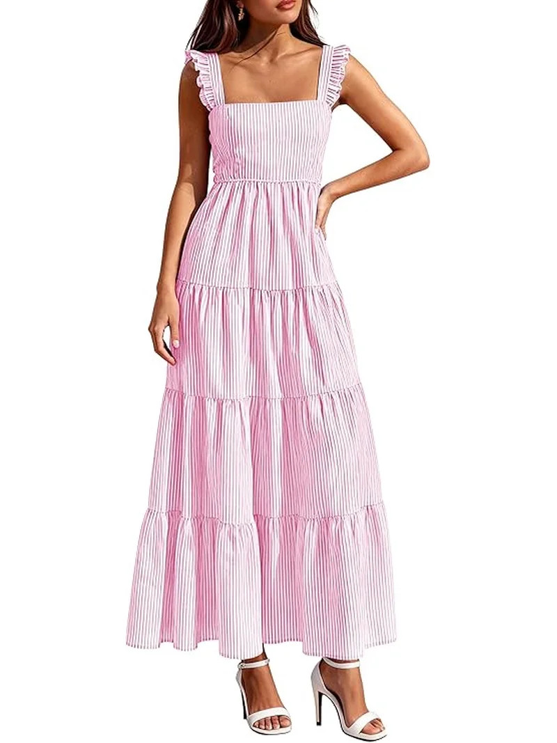 PRETTYGARDEN Womens Summer Casual Maxi Dresses Striped Square Neck Sleeveless Boho Flowy Sundress... | Walmart (US)