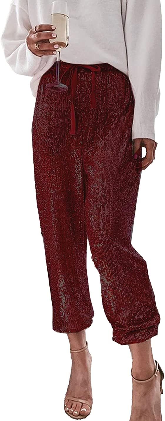 AMEBELLE Women's Sequin Pants Casual High Waist Closed Bottom Glitter Party Club Trousers | Amazon (US)