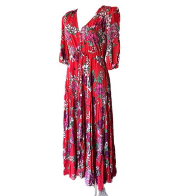 Jaase Dress XS Maxi Red Floral Bird Print Boho 1/2 Sleeve Buttons Drawstring | eBay AU
