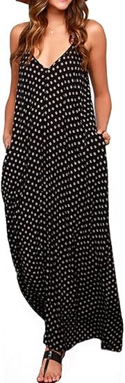 LILBETTER Women V-Neck Polka Dot Print Spaghetti Strap Boho Long Maxi Dresses | Amazon (US)