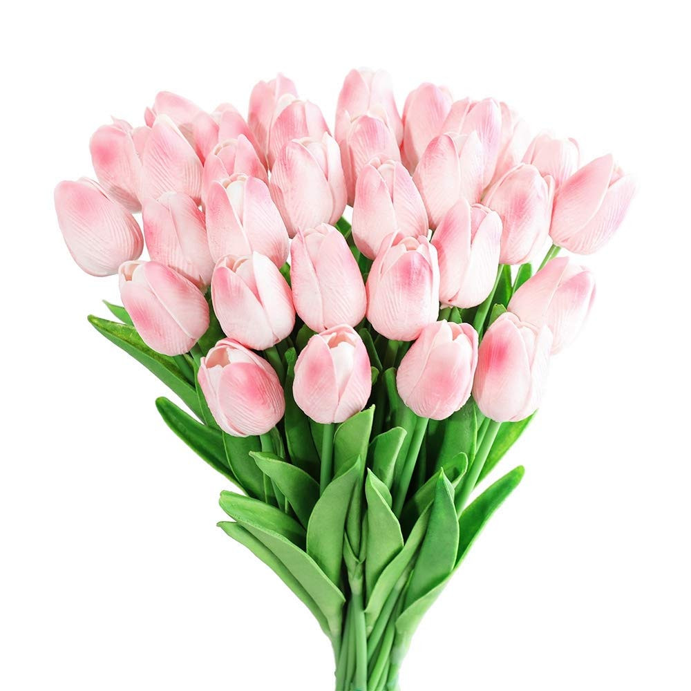 Kisflower 30Pcs Latex Tulips Real Touch Pink Artificial Flowers Fake Tulips Arrangement Bouquet f... | Amazon (US)
