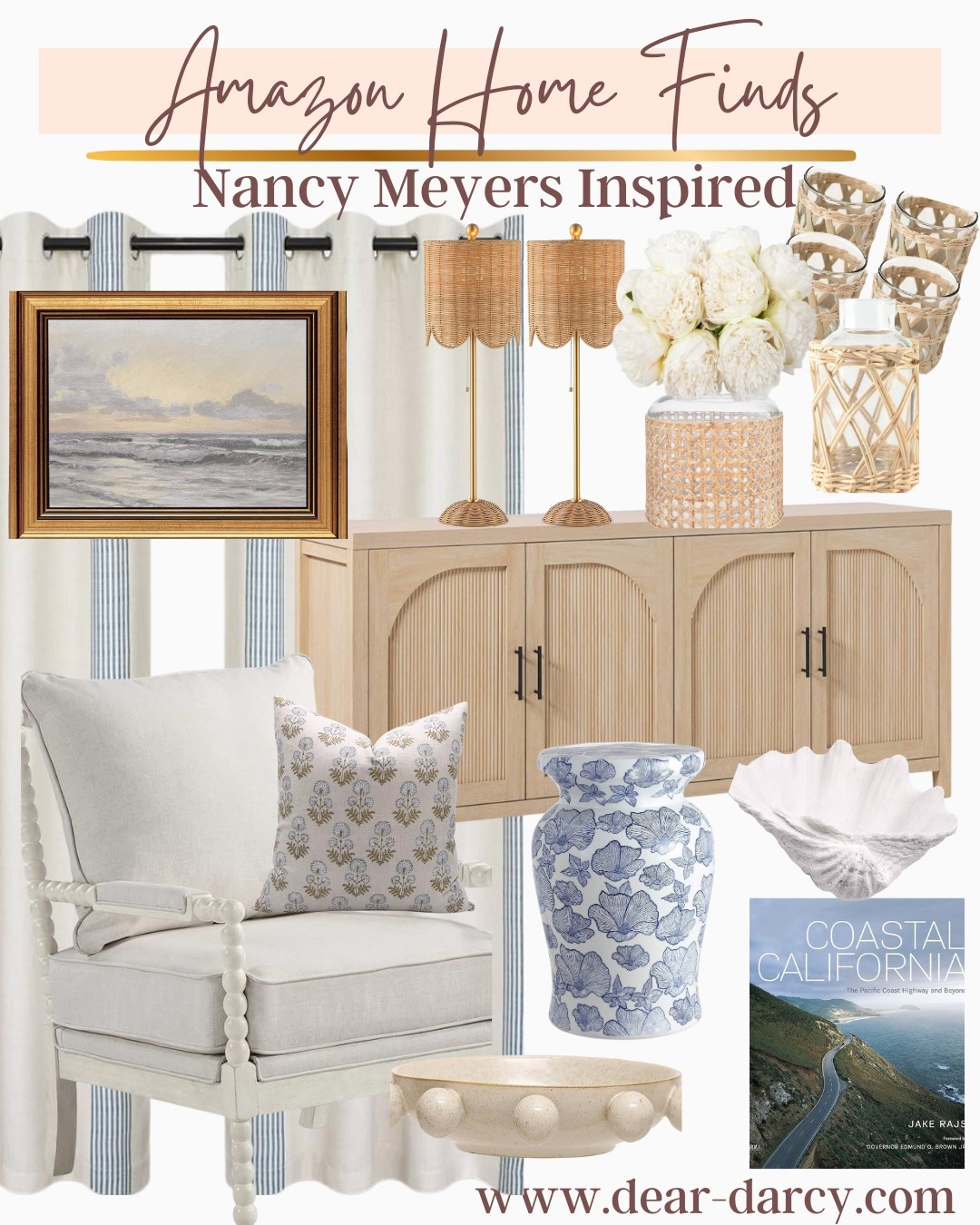 Amazon home finds

Nancy Meyers inspired 
Coastal cottage 

Beautiful and affordable pieces to add that cozy coastal cottage feel

California coastal coffee table book Large

Cane water glasses and pitcher
Can vase 
White silk Hydrangeas 

Beautiful white oak buffer or entry piece

White linen chair with spindle legs 

Blue pattern throw pillow 
Blue white stripe linen curtains 
Ocean canvas print & gold frame
Blue white ginger jar 
The cutest whicker scallop pair of lamps 
Knob ceramic bowl 
Large shell 

#LTKHome