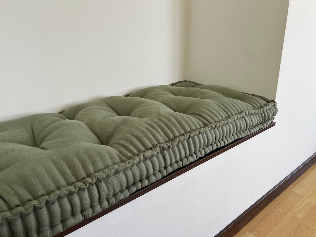 Hemp Custom made Window Mudroom Floor bench cushion filled organic hemp fiber in natural linen fa... | Etsy (US)