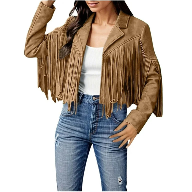 BOOMILK Women Fringe Faux Suede Leather Jacket Trendy Solid Color Tassel Motorcycle Cropped Jacke... | Walmart (US)