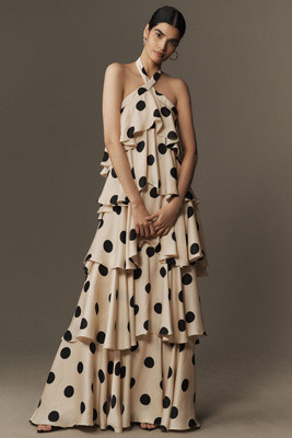 Mac Duggal Halter Polka Dot Ruffle Charmeuse Maxi Dress | Anthropologie (US)