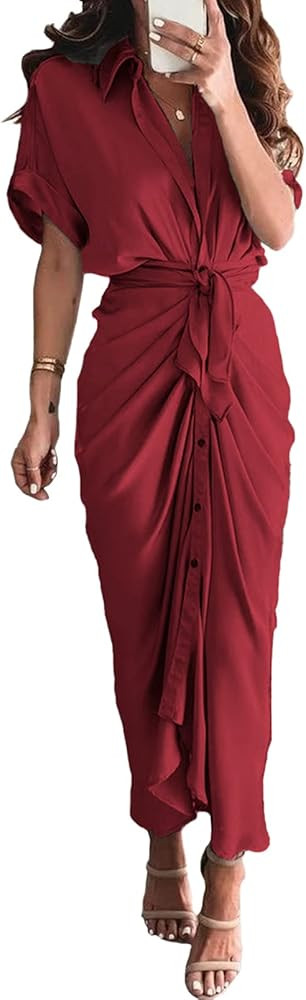 Linsery Women Elegant Satin Button Down Short Sleeve Maxi Shirt Dress with Belt | Amazon (US)