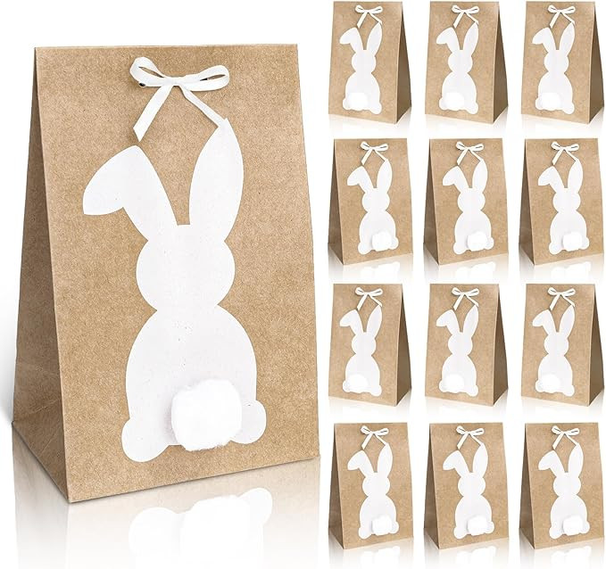 FYSUIMU 24Pcs Easter Bunny Party Favor Bags White Rabbit Kraft Paper Treat Bags with Pompoms Ribb... | Amazon (US)