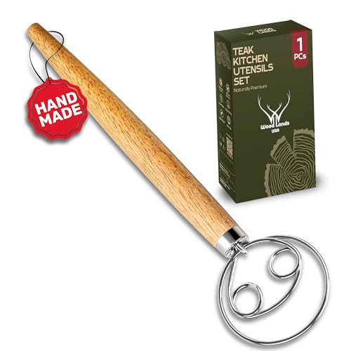 13 Inch Danish Dough Whisk Stainless Steel Hook with Long Wooden Handle – Essential Dough Whisk & Sourdough Bread Baking Supplies for Mixing, Whisking & Baking Pizza Dough - Sourdough Tools | Amazon (US)