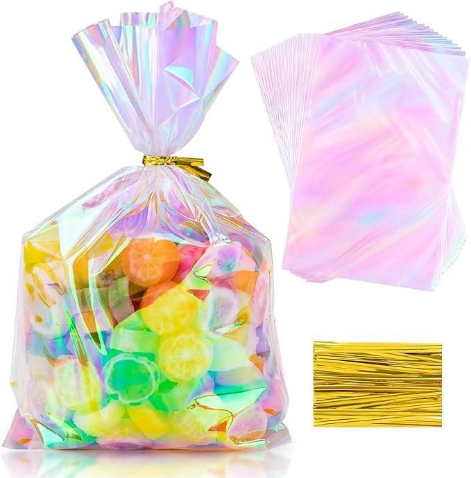 Aubeco 50Pcs 6x9 Inch Iridescent Cellophane Treat Bags | Gold Twist Ties, Holographic, Plastic, I... | Amazon (US)