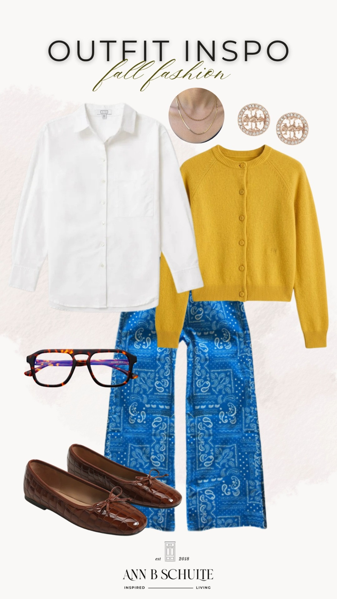 This fall fashion outfit is all about mixing classic staples with a little unexpected color. A crisp white button-down, mustard cardigan, and bold paisley pants create that effortlessly polished look that feels both timeless and fresh. Add woven flats, layered gold jewelry, and statement glasses for a chic finishing touch. It’s the perfect inspiration for elevated everyday style with a playful autumn twist. 🍂💛👓

#FallFashion #FallOutfitIdeas #ClassicFallStyle #AutumnOutfits #EverydayStyle #ButtonDownShirt #CardiganStyle #StatementPants #CasualChic #OutfitInspiration 

 #LTKootd