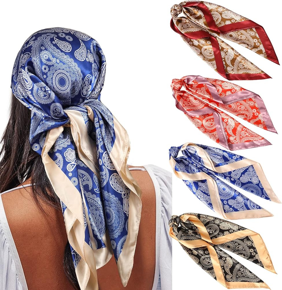AWAYTR 35” Satin Large Square Head Scarves - 4PCS Silk Like Neck Scarf Hair Sleeping Wraps Sati... | Amazon (US)
