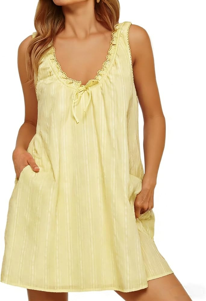 Womens Lace Trim Scoop Neck Babydoll Mini Dress Cotton Y2k Going Out Tank Dresses Low Back Flowy ... | Amazon (US)