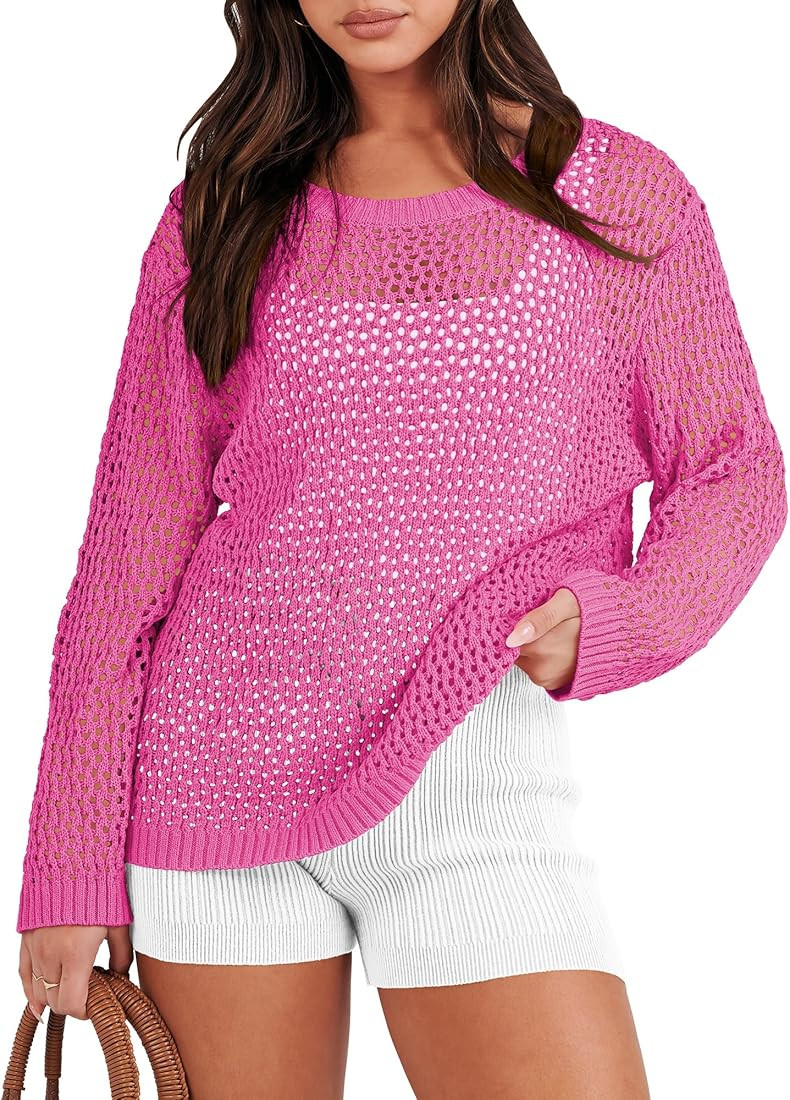 ANRABESS Women's Crochet Cover Up Sweater Top Hollow Out Long Sleeve Beach Mesh Shirt Pullover To... | Amazon (US)