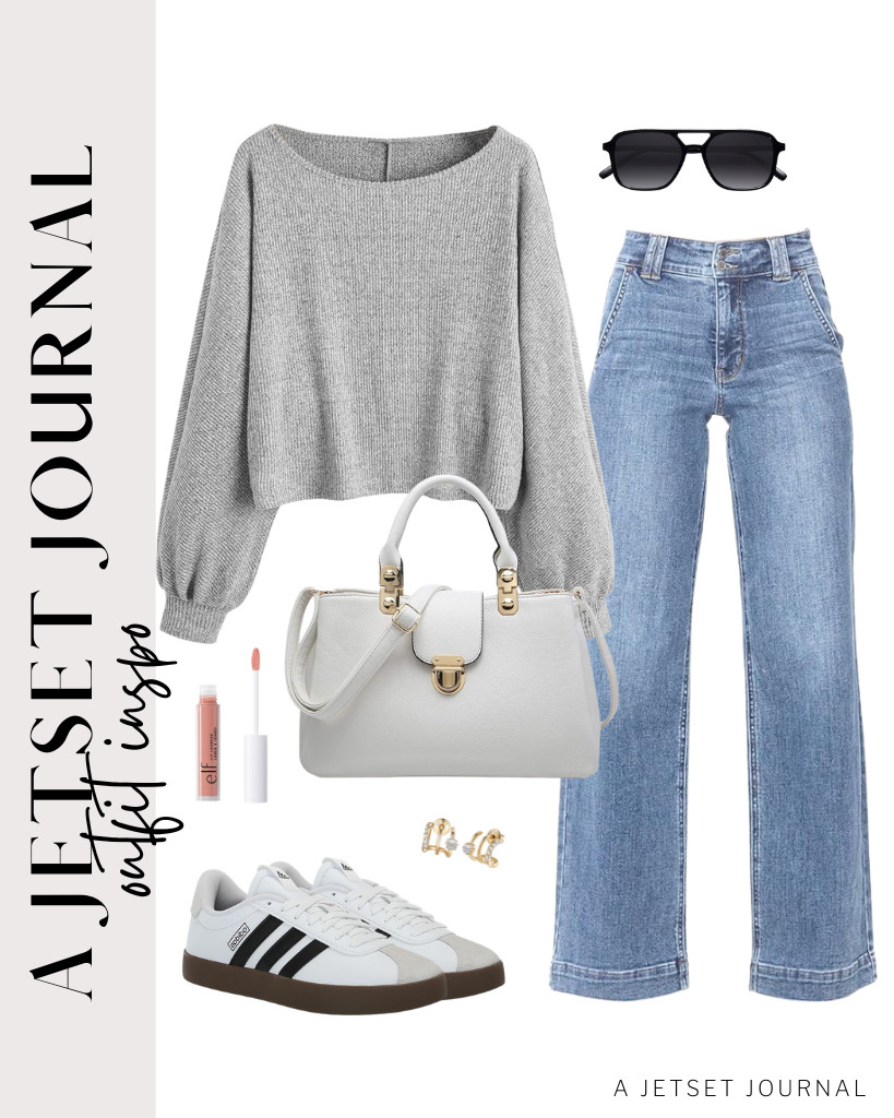 A gray SweatyRocks ribbed knit cropped sweater looks great with light-wash denim pants from Astylish. You might want to add these comfy Adidas VL court sneakers to complete the fit. 

 #LTKSeasonal #LTKTravel